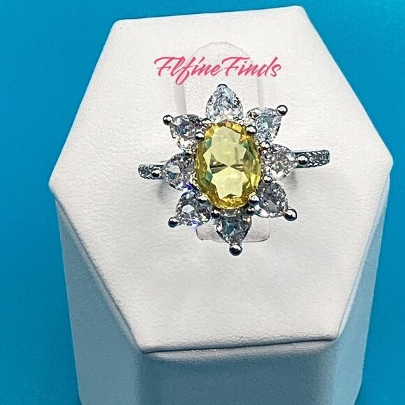 🌻 Sterling Silver Sparkling Canary Yellow Cz Diamond Sunflower Ring - Picture 2 of 16